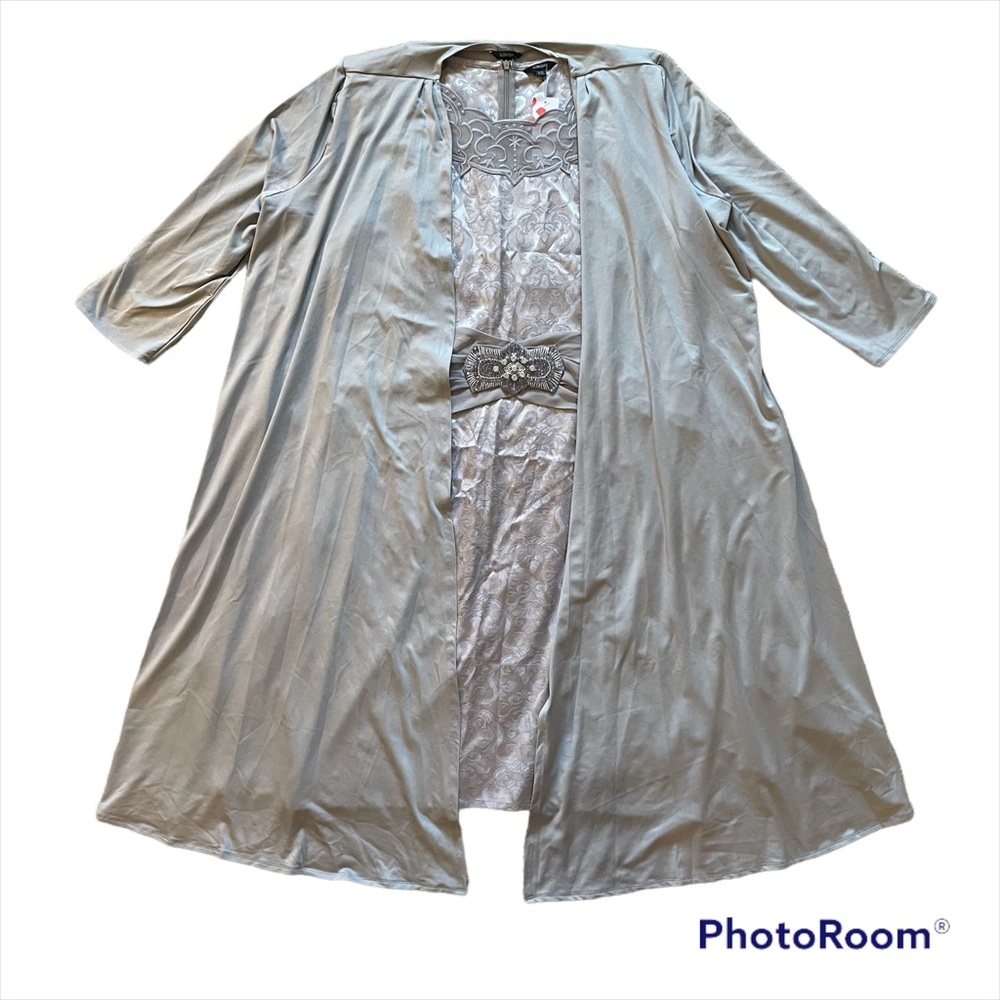 NEW Floryday Silver Gray 2 Piece Brocade Sheath Dress Slinky Stretch Duster XXL - Picture 2 of 7